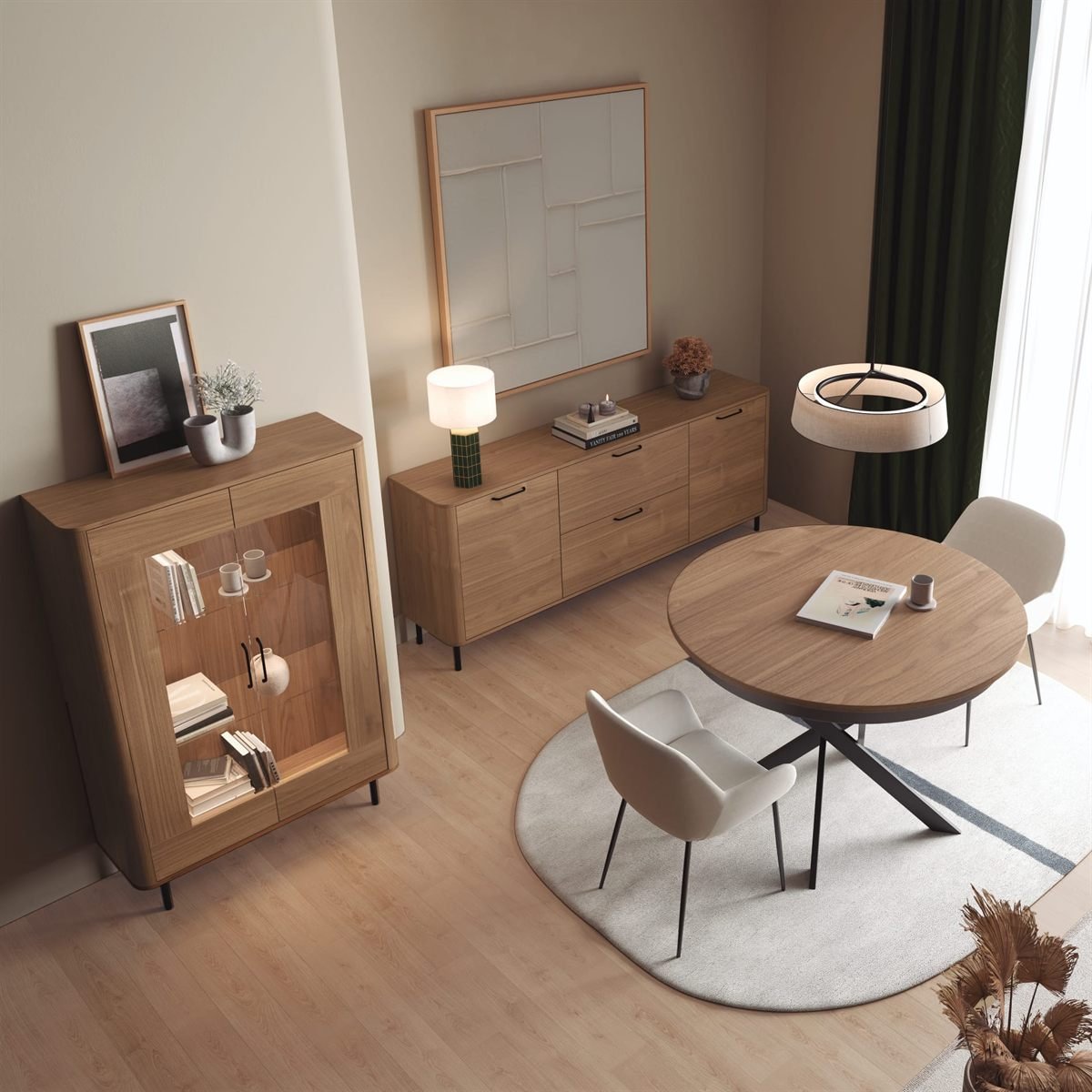 Aparador de comedor con mesa redonda, disponible en Muebles Rekena