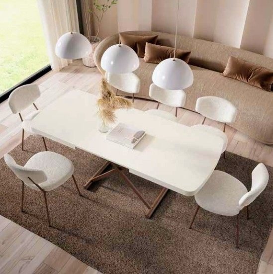 Mesa de comedor con banco tapizado, disponible en Muebles Rekena