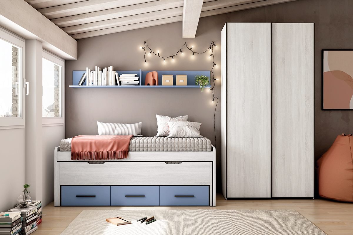 Dormitorio juvenil con cama nido y armario, disponible en Muebles Rekena