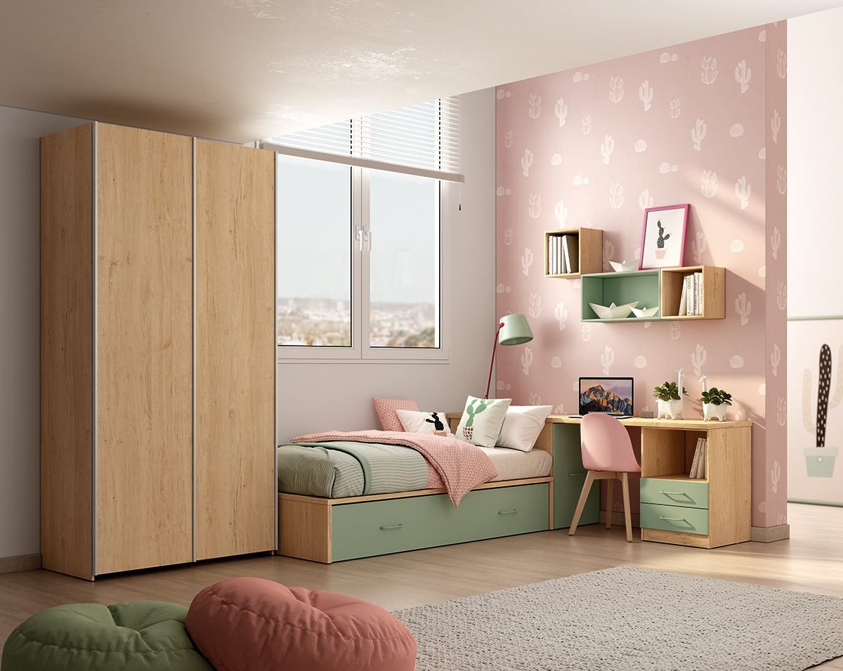 Dormitorio juvenil con escritorio y estanterías, disponible en Muebles Rekena