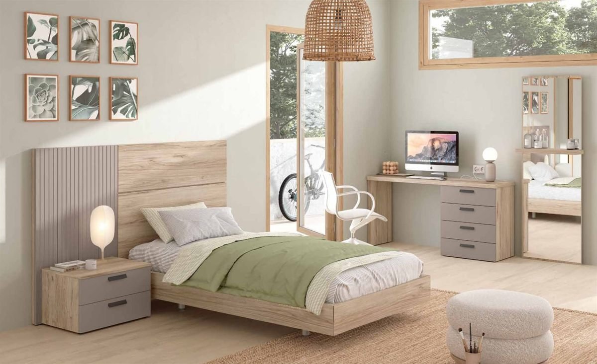 Dormitorio juvenil con armario y escritorio, disponible en Muebles Rekena