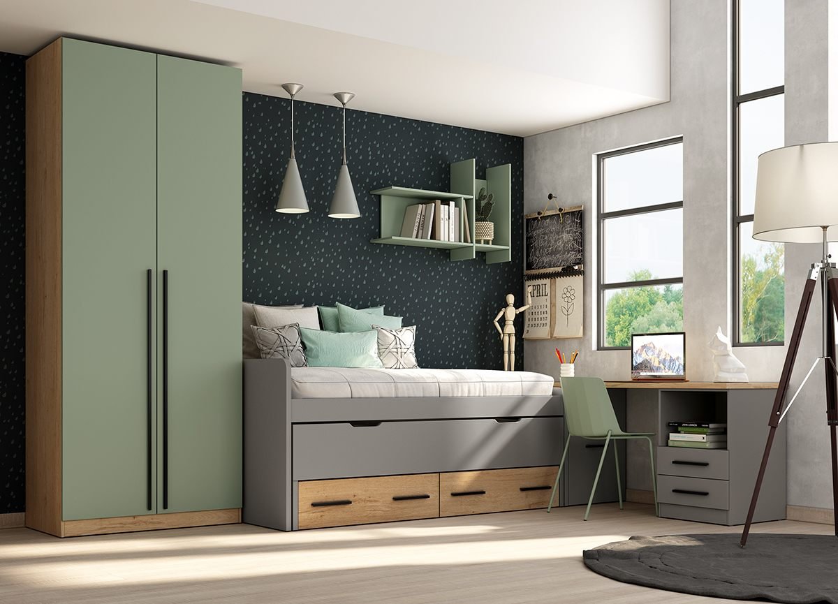 Dormitorio juvenil con armario y estanterías, disponible en Muebles Rekena