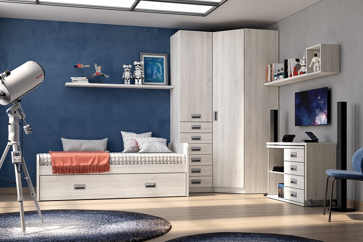 Dormitorio juvenil con cama nido y armario esquinero, disponible en Muebles Rekena